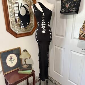 NWT Dolls Kill Current Mood Black Shredded Knit Bodycon One Shoulder Maxi Dress